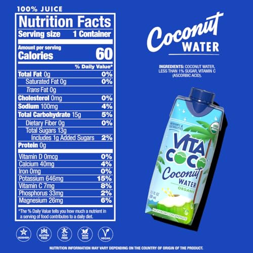 Vita Coco Coconut Water, Pure Organic | Refreshing Coconut Taste | Natural Electrolytes | Vital Nutrients | 11.1 Oz (Pack Of 12)|B07DJ16CD6