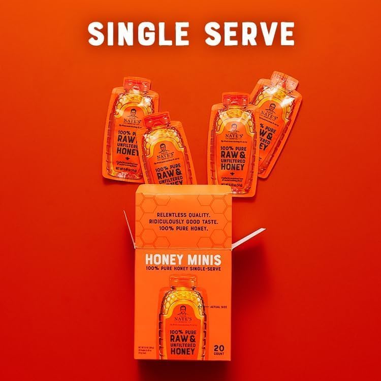 Nate's Honey Minis - Single-Serve 100% Pure, Raw & Unfiltered Honey – 0.49oz Packets, 20ct box - Medaid International