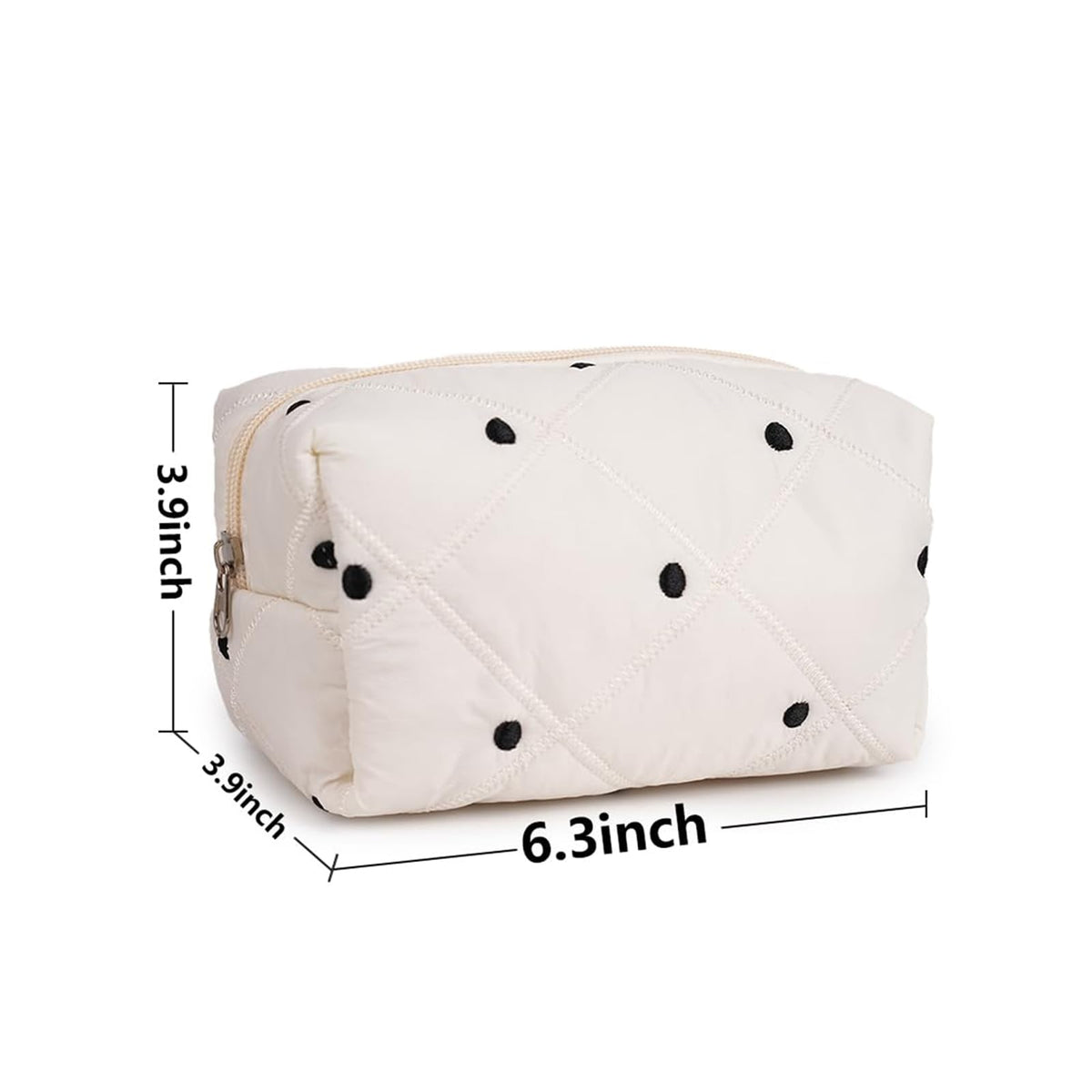 TERRIFI Quilted Makeup Bag, Black Dots Cotton Cosmetic Organizer Pouch for Women & Girls, Canvas Lined Travel Storage Bag (Small Szie)