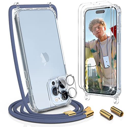 UyMo - Crossbody Case for iPhone 14 Pro Max, Transparent, Neck Strap, Includes Screen & Lens Protectors