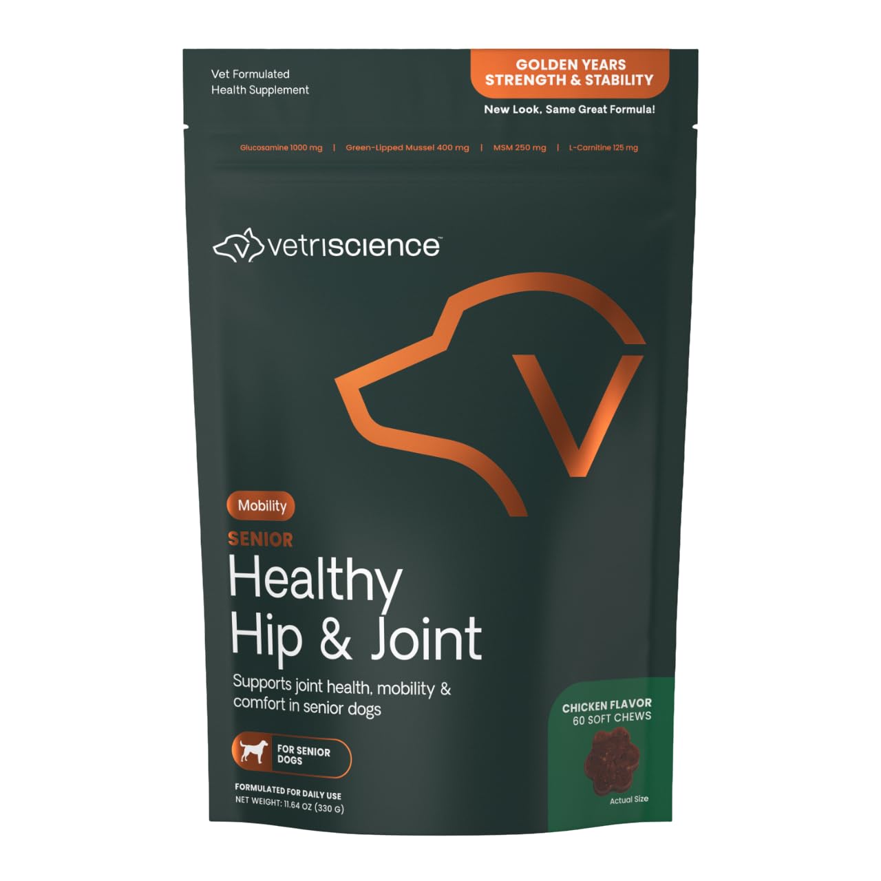 VetriScience Senior Healthy Hip & Joint Soft Chews, GlycoFlex Glucosamine, Green-Lipped Mussel, and Carnitine Joint Supplement for Senior Dogs, Soothe Joint Discomfort, Chicken, 120 Count