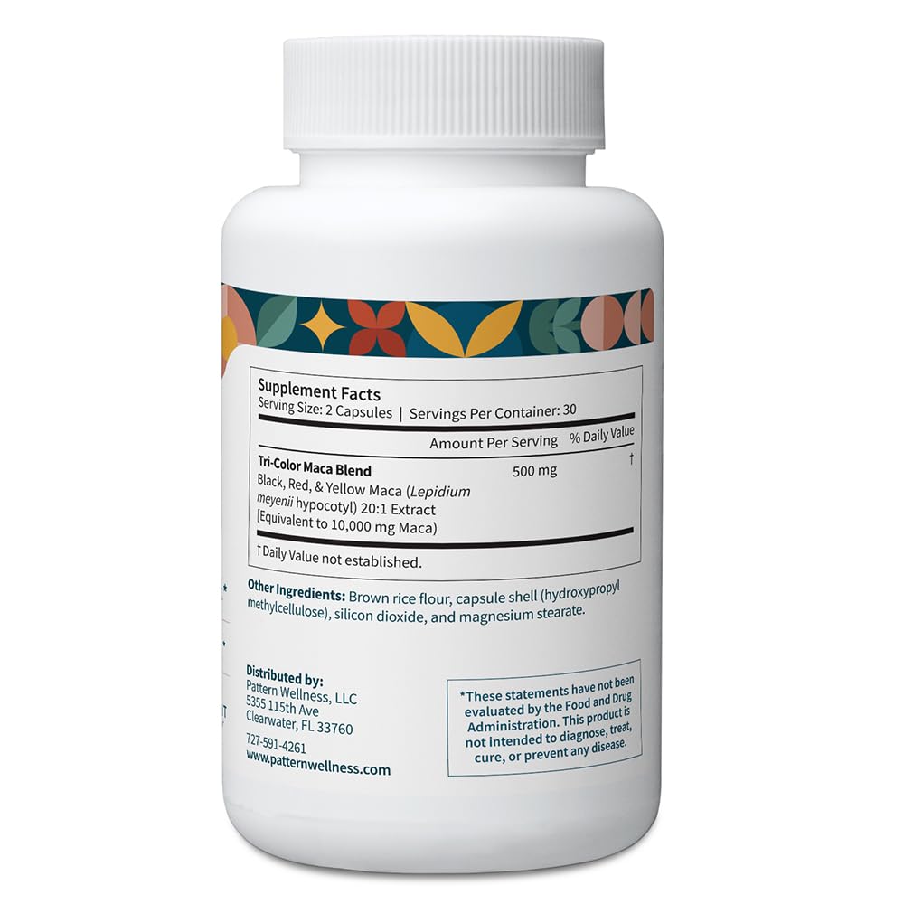 Pattern Wellness Maca Root Extract 20:1 (10,000 mg Equivalent) – for Men & Women – Tri-Color Black/Red/Yellow Blend – 60 Vegan, Non-GMO Capsules - Medaid International