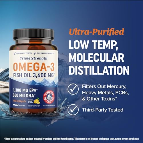 Triple Strength Omega 3 Fish Oil 3600 mg | EPA & DHA | Over 2100mg Omega-3 Fatty Acids | 1300mg EPA + 860mg DHA | Best Essential Fatty Acids | Premium Wild Caught & Burpless Fish Oil | 180 Ct - Medaid International