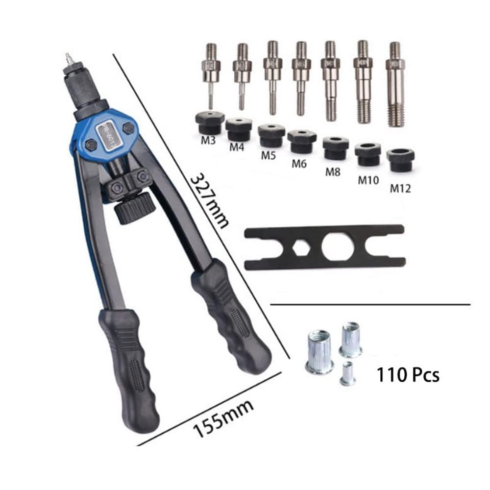 TERRIFI Rivet Nut Gun Tool Kit, 34 cm Hand Riveter with 110pcs Nuts (M3-M12), Includes M3, M4, M5, M6, M8, M10, M12, Pop Rivet Nut Tool Set with Carrying Case