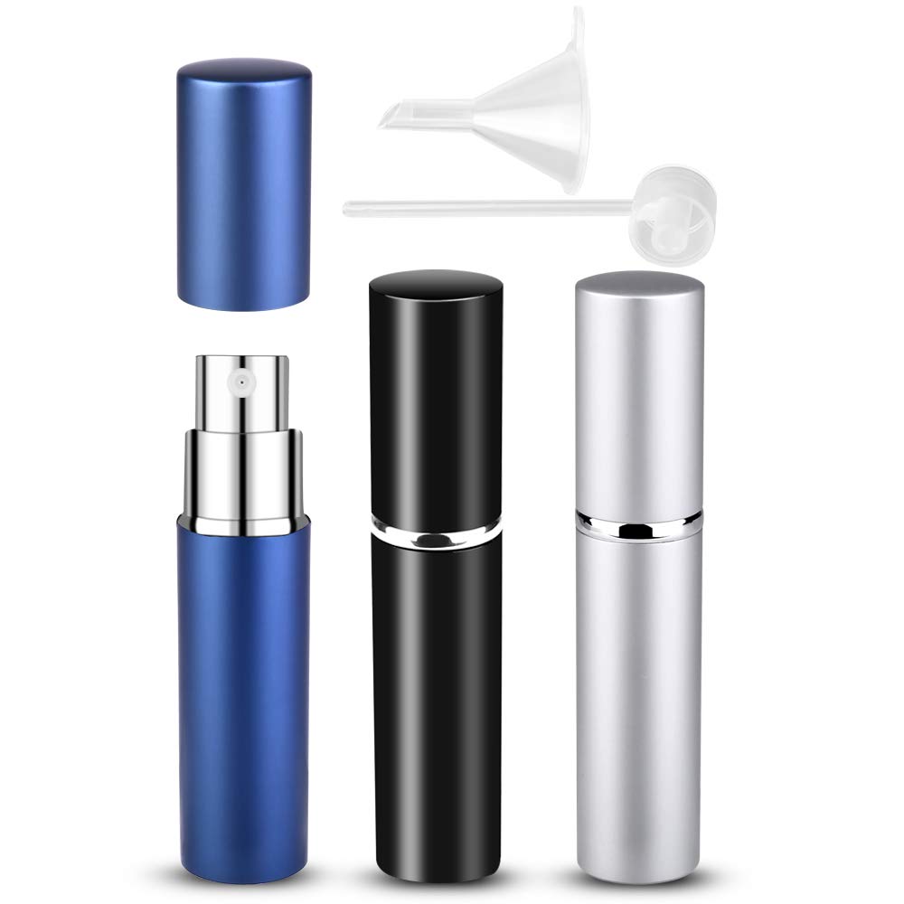 Portable Mini Refillable Perfume Bottle, 3 Pcs Travel Size Perfume Atomizer Empty Spray Bottle Case for Outdoor and Traveling with Funnel and Perfume Diffuser (A - 6ml (Black+Silver+Dark Blue)) - Medaid International