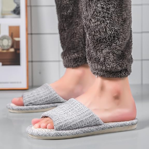 KASTWAVE Linen Open Toe Slippers for Men & Women, Soft and Silent Home Slippers, Breathable, Non-Slip Indoor & Outdoor Slippers, Comfortable Casual Footwear, Memory Foam Cushioning