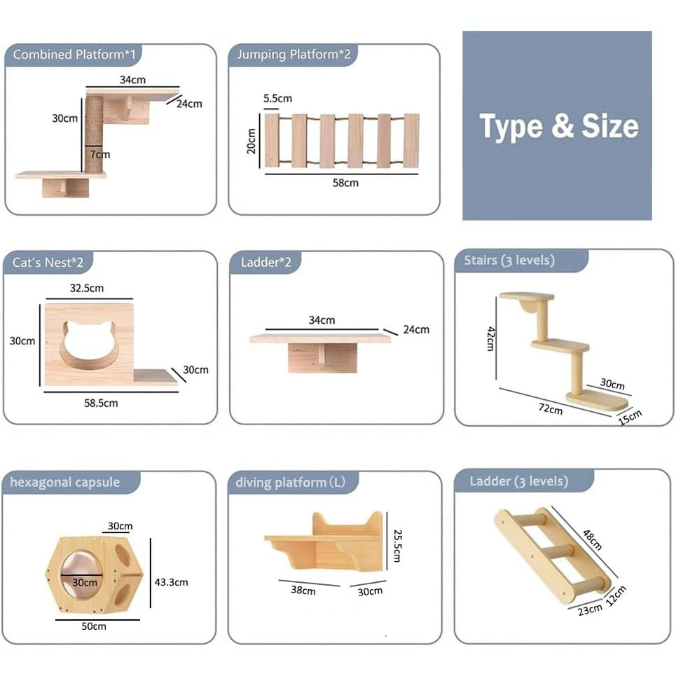 NeoStyle 9 Pcs Wall Shelf Set - Cat Furniture With 4 Shelves, 2 Houses, 2 Ladders and Scratching Post - Floating Wooden Climbing Perch - Medaid International