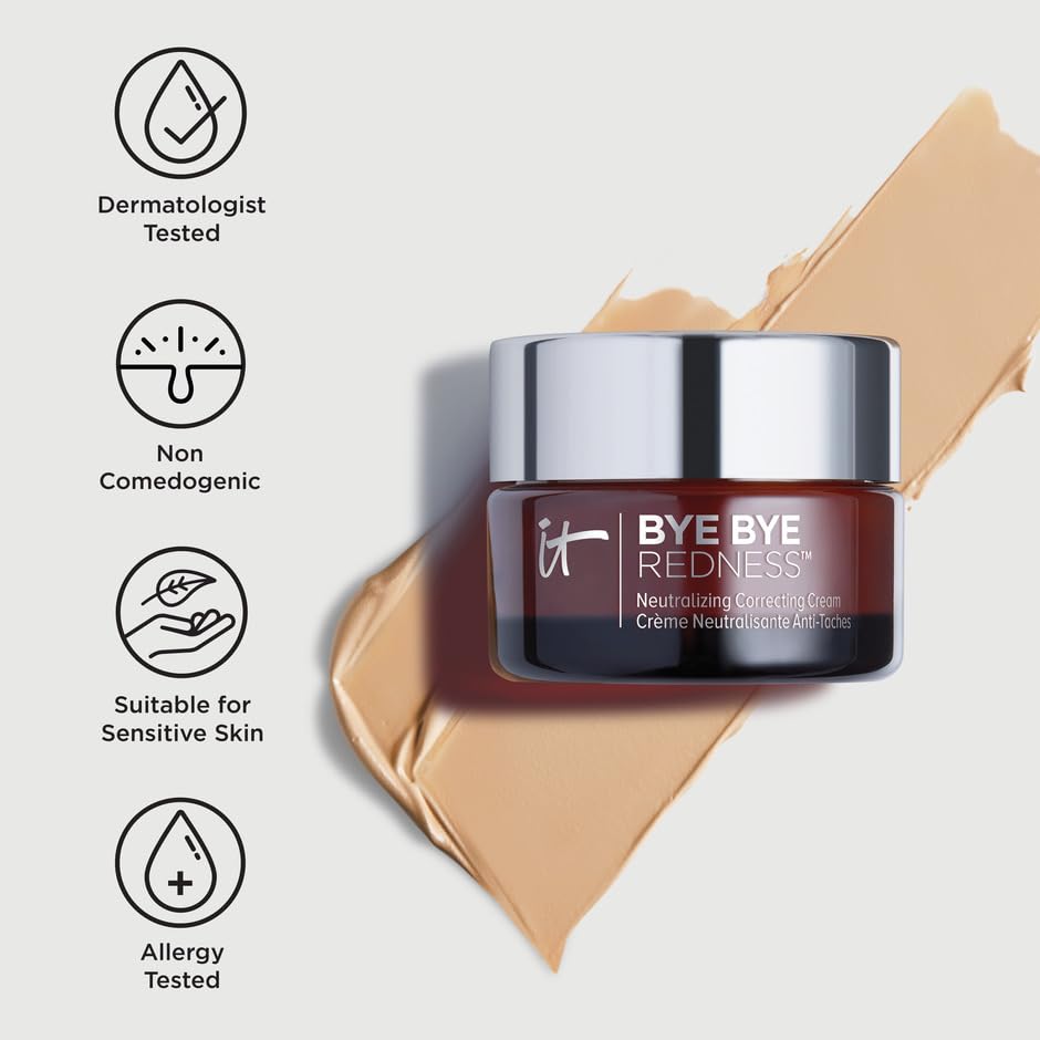 IT Cosmetics Bye Bye Redness Full Coverage Color Correcting Cream (Neutral Beige) - Redness Neutralizing Tinted Face Moisturizer, 12HR Hydration, Hyaluronic Acid, Colloidal Oatmeal - 0.37 fl oz - Medaid International