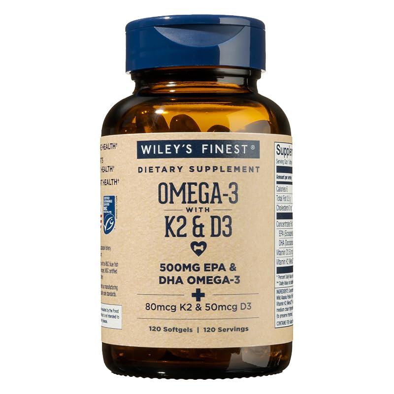 Wiley's Finest Wild Alaskan Fish Oil Vitamin K2 & D3 Softgels - 500mg of EPA and DHA Omega-3s for Bone and Heart Health Support - 120 Softgels (120 Servings) - Medaid International
