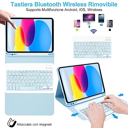 Lupxiu - iPad Keyboard Case for 10th Gen 2022, Italian QWERTY, Removable Wireless, Blue Sky