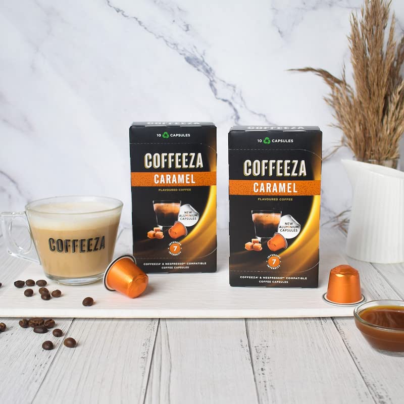 Coffeeza Caramel Flavored coffee pods | Intensity – 7, 100% Arabica Aluminium Coffee Pods, 3 Pack - 30 Flavoured Pods (Compatible with OriginalLine Machines only*)