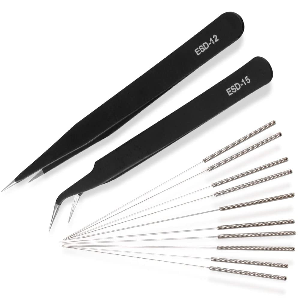 KASTWAVE 13 Pcs Printer Nozzle Cleaning Tool Kit - 0.4mm Stainless Steel Needles incl 2 x Tweezers Filament Clog Cleaner 3D Printer Accessories