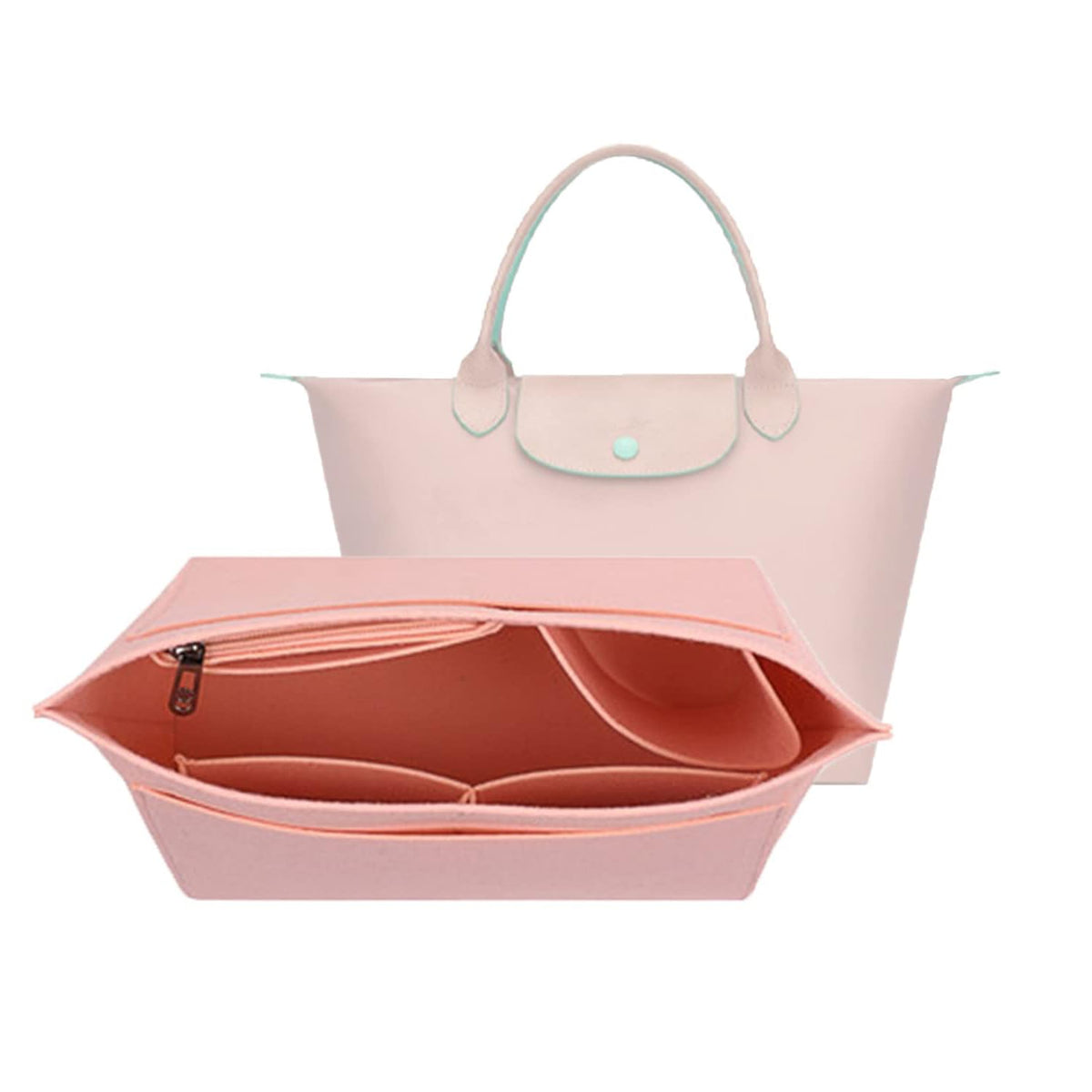 TERRIFI Multi-Pocket Felt Handbag Organizer, Folding Tote Bag organizer insert, Felt Organizer Insert Handbags & Base Shaper, for Insert Wallet Organizer for Longchamp (Small, Pink)