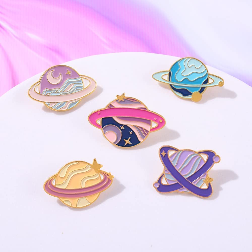 KASTWAVE Enamel Pins, Cartoon Universe Planets Space System Alloy Brooch Exquisite Pink Star Planet Badge Lapel Pins for Men and Women Backpack Jacket Clothing, Etc. (5 Pieces)