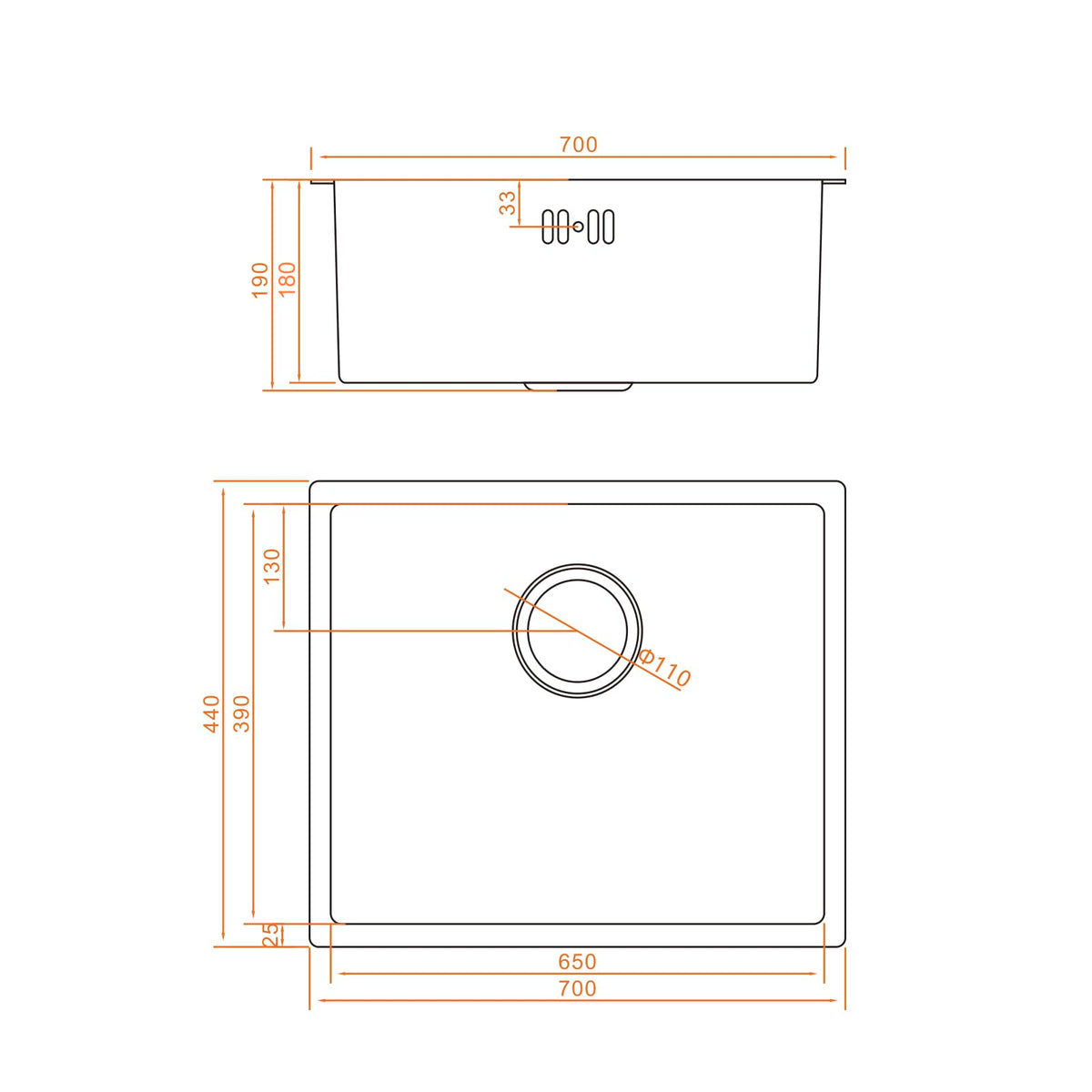 Ibergrif M87044B Kitchen Sink 70 x 44 cm, Under Countertop Sink with Drain Filter, Stainless Steel