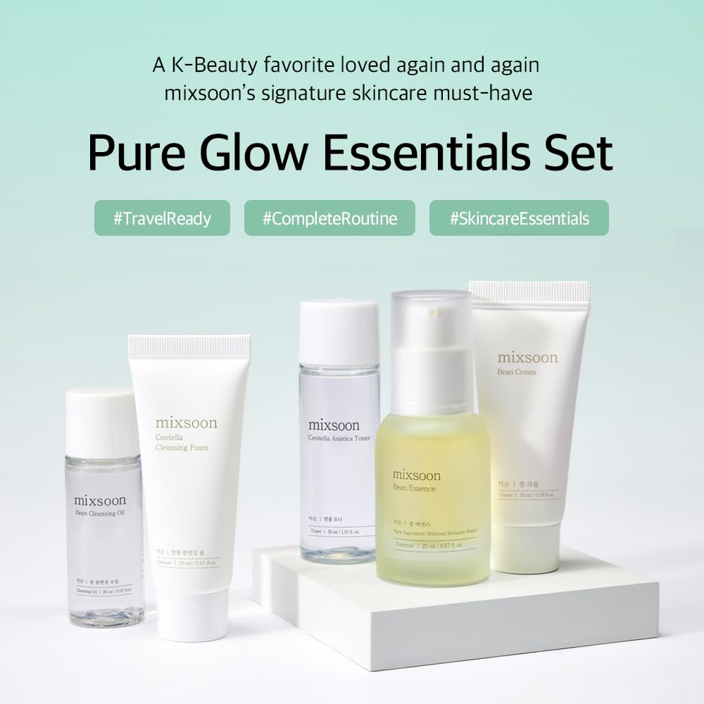 mixsoon Pure Glow Essentials Set-5-Step Skincare Kit - Hydrating Skincare Gift Set, Cleansing Oil, Foam, Toner, Essence, Cream (15ml*1+20ml*3+30ml*1) 105ml / 3.55 Fl. Oz. Korean Glass Skin Care - Medaid International