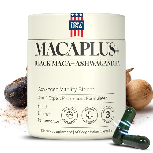 MACAPLUS+ Black Maca Root + Ashwagandha + Fenugreek - #1 Highest Potency Black Maca Root 40,000mg 40x Strength Organic Capsules for Men and Women Supplement 100% Pure Maca Peruana 40:1 Powder Pills - Medaid International