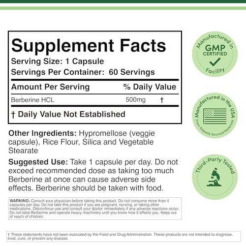 Berberine Supplement 500mg, 60 Capsules (Third Party Tested, Non-GMO, Gluten Free, Vegan Safe) AMPK Activator - Berberine HCL for Cardiovascular Health by Double Wood - Medaid International