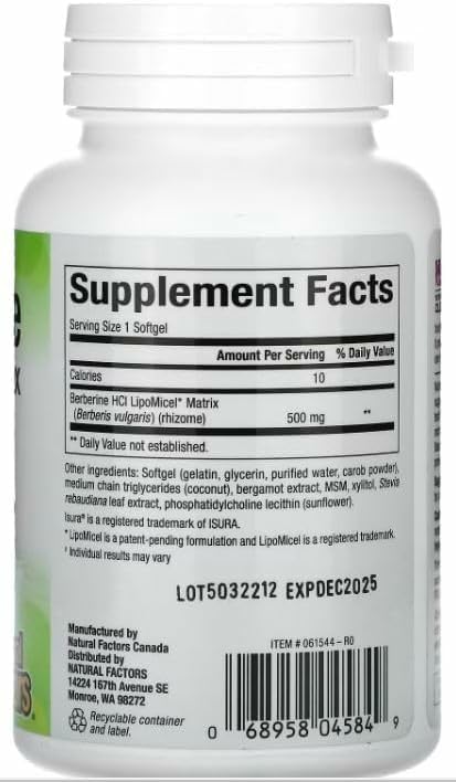 Natural Factors Berberine LipoMicel Matrix - Daily Supplement Supports Metabolic Health - Formula Supports General Health - Gluten-Free & Dairy-Free - 60 Liquid Softgels (60 Servings) - Medaid International