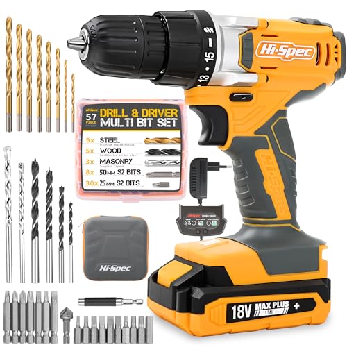 Hi-Spec - 18V Cordless Drill Driver with 1000mAh Battery, 17 Position Clutch & 30-Piece Bit Set
