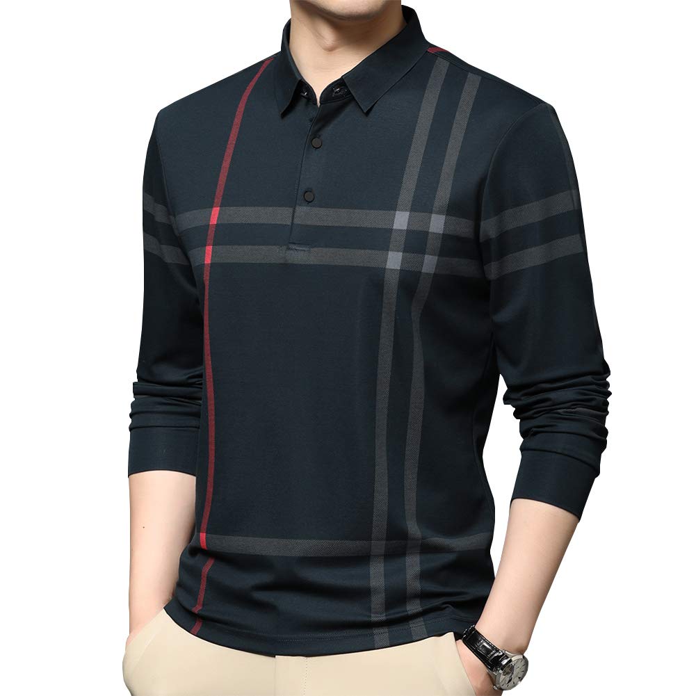 Womleys Mens Casual Striped Slim Fit Long Sleeve Collared T Shirt Polo Shirts (Green, X-Large) - Medaid International
