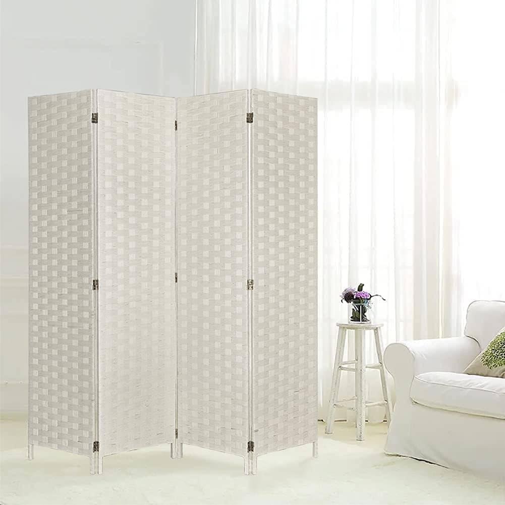 MOMENT Foldable Room Divider 4 Panel, [200 x 180cm] Movable Stretch Fully Hand-woven Privacy Screens Partition Seperating Wall for Office, Bedroom, Living Room, Hotel Room (White)