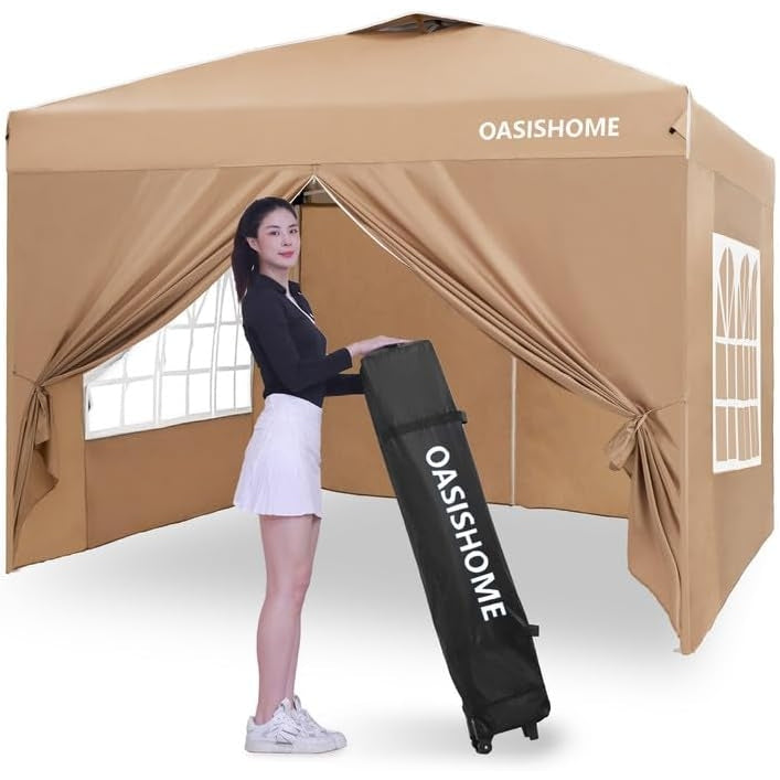 OASISHOME Pop-up Gazebo Instant Canopy Tent 10'x10', with 4 Sidewalls, Windows, Wheeled Bag, for Patio/Outdoor/Wedding Parties and Events (10FTx10FT, Khaki) - Medaid International