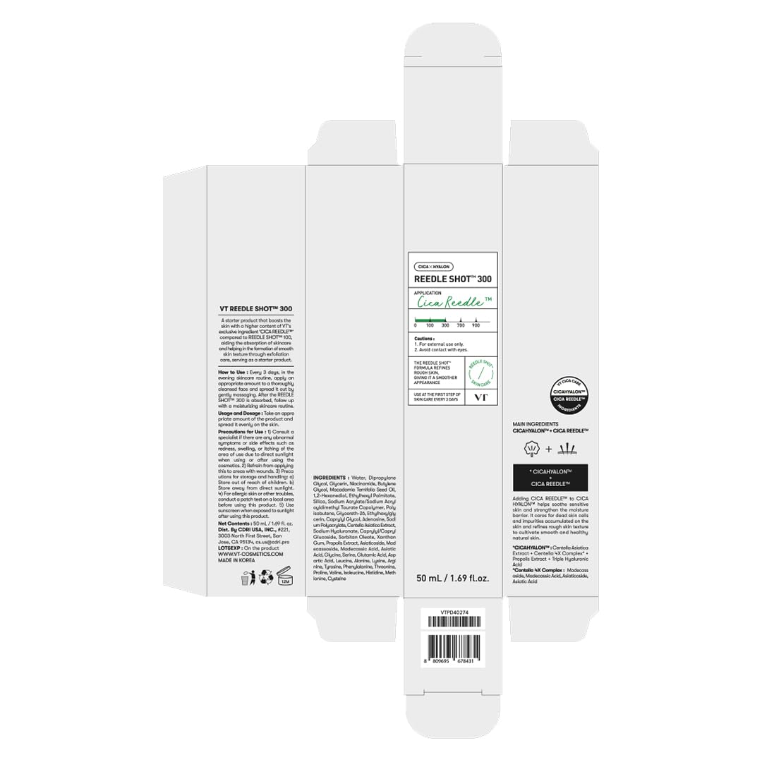 VT COSMETICS CICA Reedle Shot 300, Advanced Night Exosome, Microneedling Serum, Centella Asiatica, Hyaluronic Acid, Propolis, Soft Skin, Regeneration, Glass Skin, Korean Skin Booster 1.69Fl Oz (50ml) - Medaid International