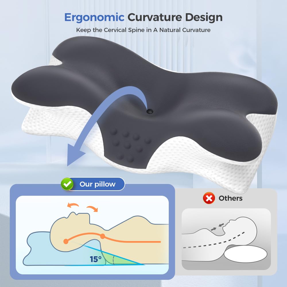 Cervical Neck Pillow for Neck Pain Relief,Neck Support Pillow for Sleeping, Side Sleeper Pillow for Bed,Memory Foam Ergonomic Pillows for Back Stomach Sleepers - Medaid International