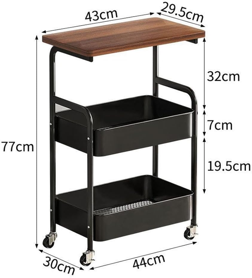 3-Tier Rolling Side Table with Wooden Top