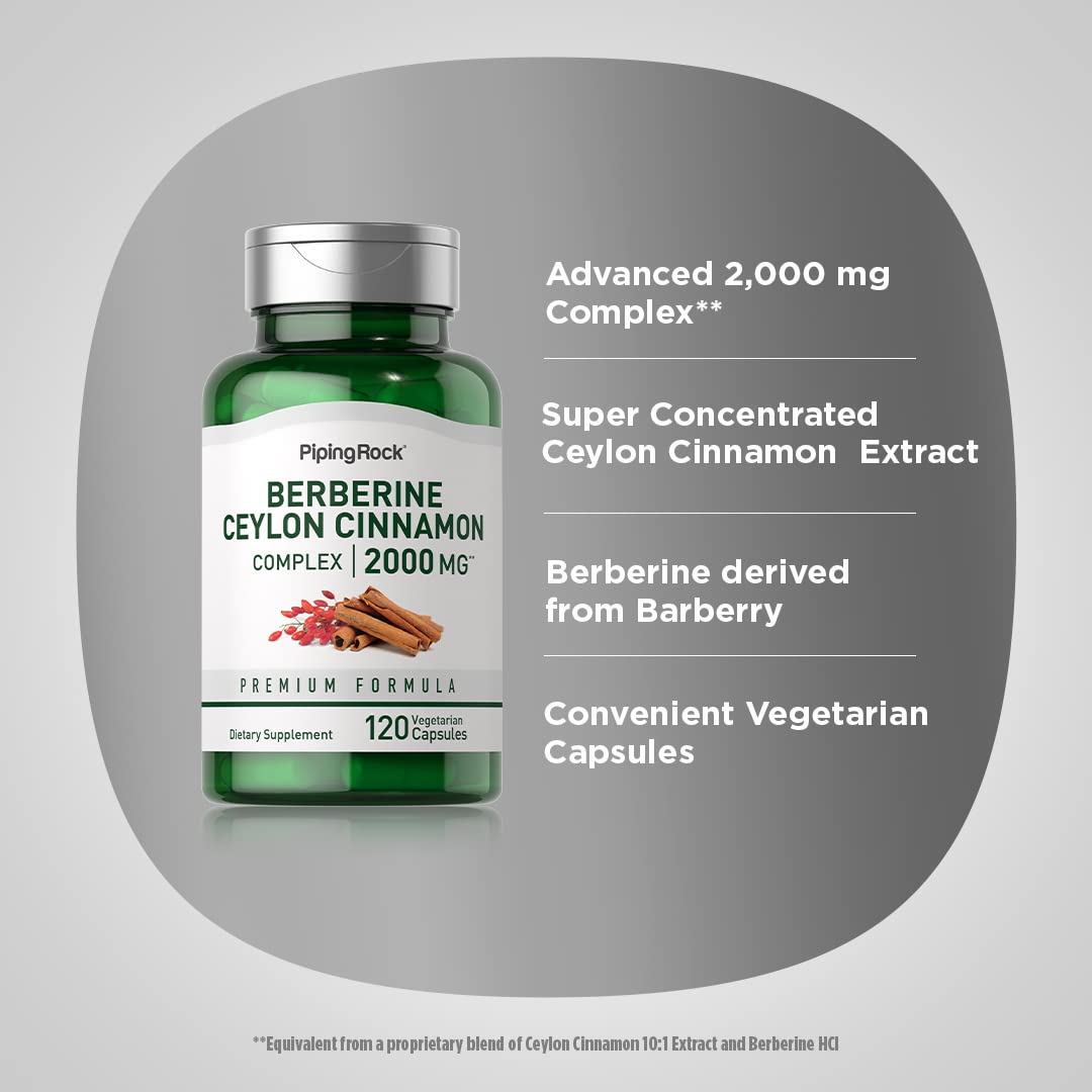 Piping Rock Berberine with Ceylon Cinnamon Supplement | 2000 mg | 120 Capsules | Vegetarian Complex | Non-GMO, Gluten Free - Medaid International