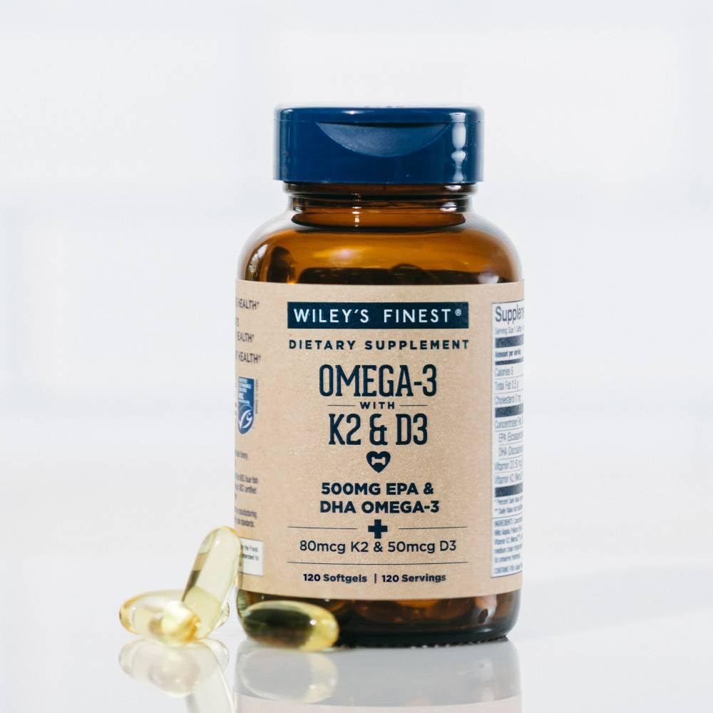 Wiley's Finest Wild Alaskan Fish Oil Vitamin K2 & D3 Softgels - 500mg of EPA and DHA Omega-3s for Bone and Heart Health Support - 120 Softgels (120 Servings) - Medaid International
