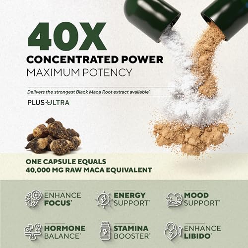 MACAPLUS+ Black Maca Root + Ashwagandha + Fenugreek - #1 Highest Potency Black Maca Root 40,000mg 40x Strength Organic Capsules for Men and Women Supplement 100% Pure Maca Peruana 40:1 Powder Pills - Medaid International