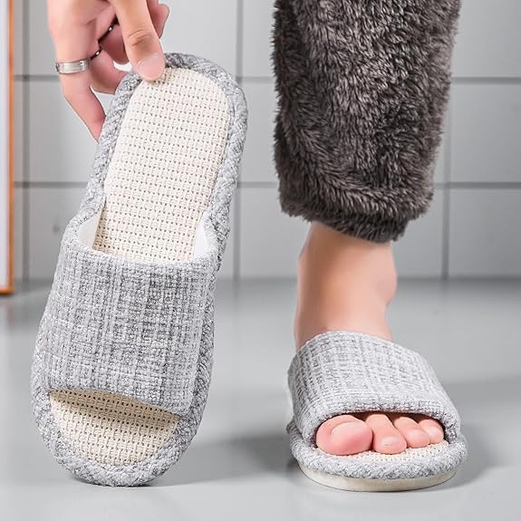 KASTWAVE Linen Open Toe Slippers for Men & Women, Soft and Silent Home Slippers, Breathable, Non-Slip Indoor & Outdoor Slippers, Comfortable Casual Footwear, Memory Foam Cushioning
