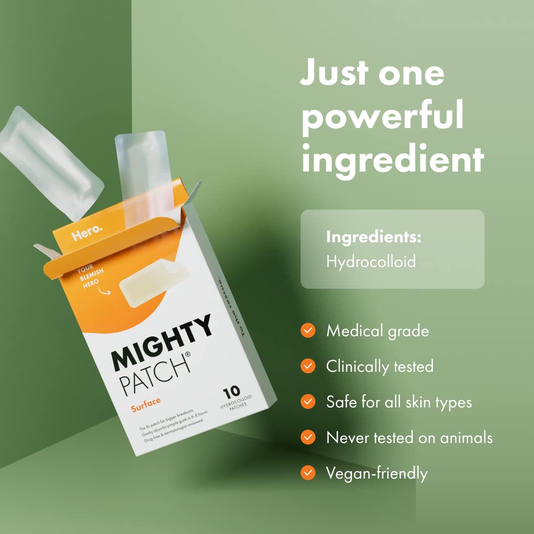 Mighty Patch Surface Large Pimple Patches for Face from Hero Cosmetics, Acne Spot for Body, Cheek, Forehead, and Chin, Pimple Stickers, Hydrocolloid Covers, Vegan-friendly, 10 Count - Medaid International