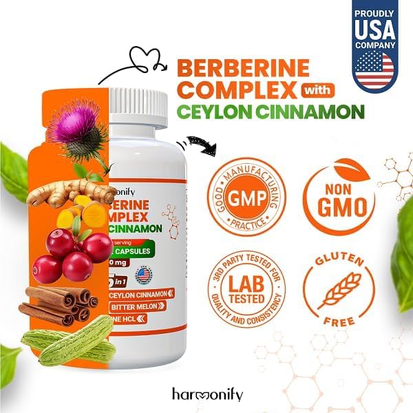 HARMONIFY Berberine Supplement with Ceylon Cinnamon, Milk Thistle, Turmeric, Bitter Melon Complex, 120 Capsules, 1000 mg, Vegan, Non-GMO - Medaid International