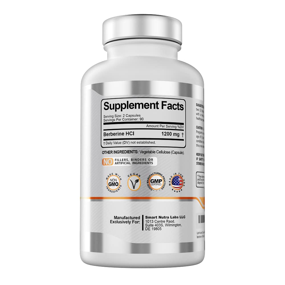 Smart Nutra Labs Premium Berberine HCL 1200mg- 180 Vegan Capsules, 100% Pure Berberine Supplement- Non-GMO, Gluten Free - Medaid International