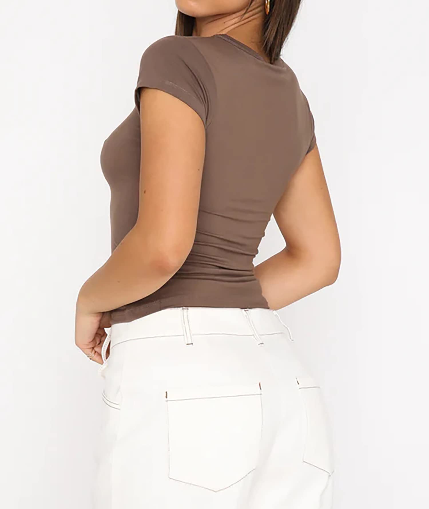 BAIGRAM AKLOPVII Women’s Basic Slim fit Crop Top Tee Shirt Short Sleeve Workout Round Neck Cropped Tshirt Brown - Medaid International