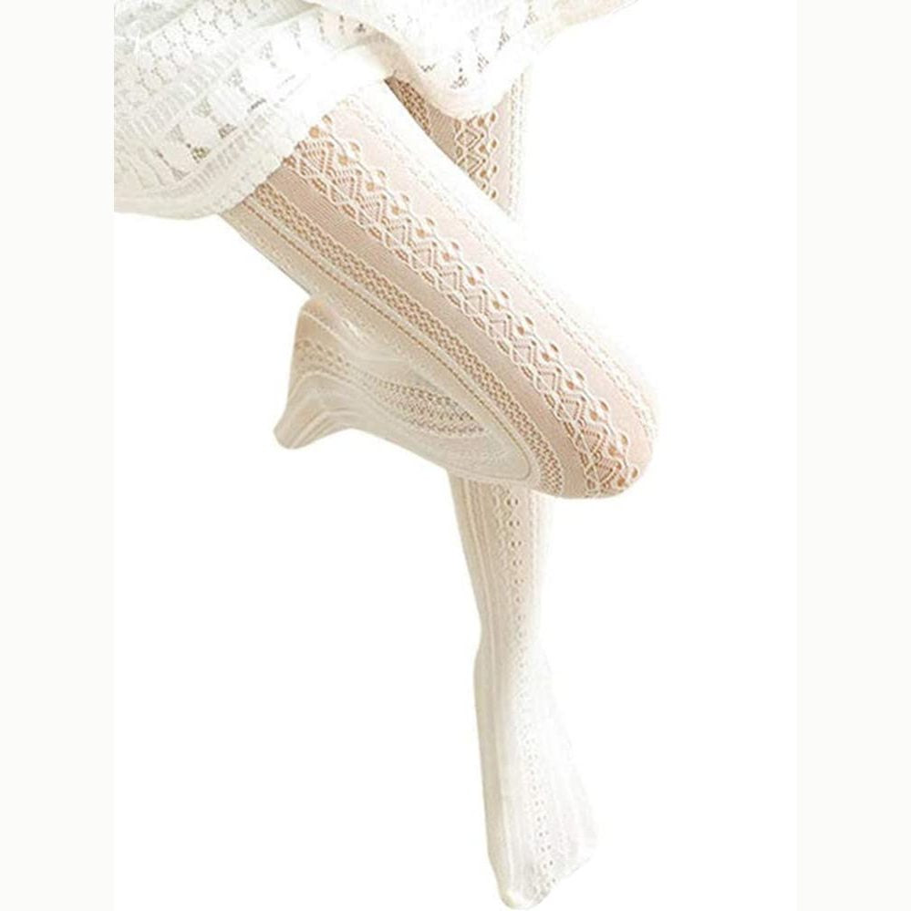 SurBepo Women Fishnet Hollow Out Knitted Patterned Thick Warm Stockings Tights Vertical Strips Pantyhose For Female(A-White,One Size) - Medaid International
