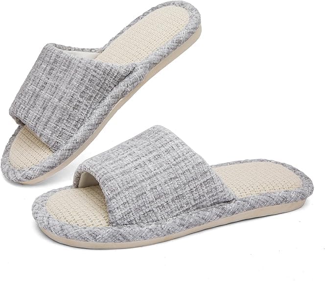 KASTWAVE Linen Open Toe Slippers for Men & Women, Soft and Silent Home Slippers, Breathable, Non-Slip Indoor & Outdoor Slippers, Comfortable Casual Footwear, Memory Foam Cushioning