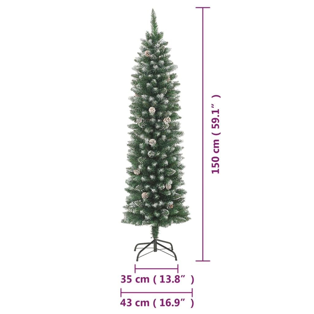 vidaXL 5 ft Artificial Slim Christmas Tree with White Snow Decoration and Steel Stand – Green PVC Holiday Decoration with 10 Cones and 266 Pointed Tips - Medaid International