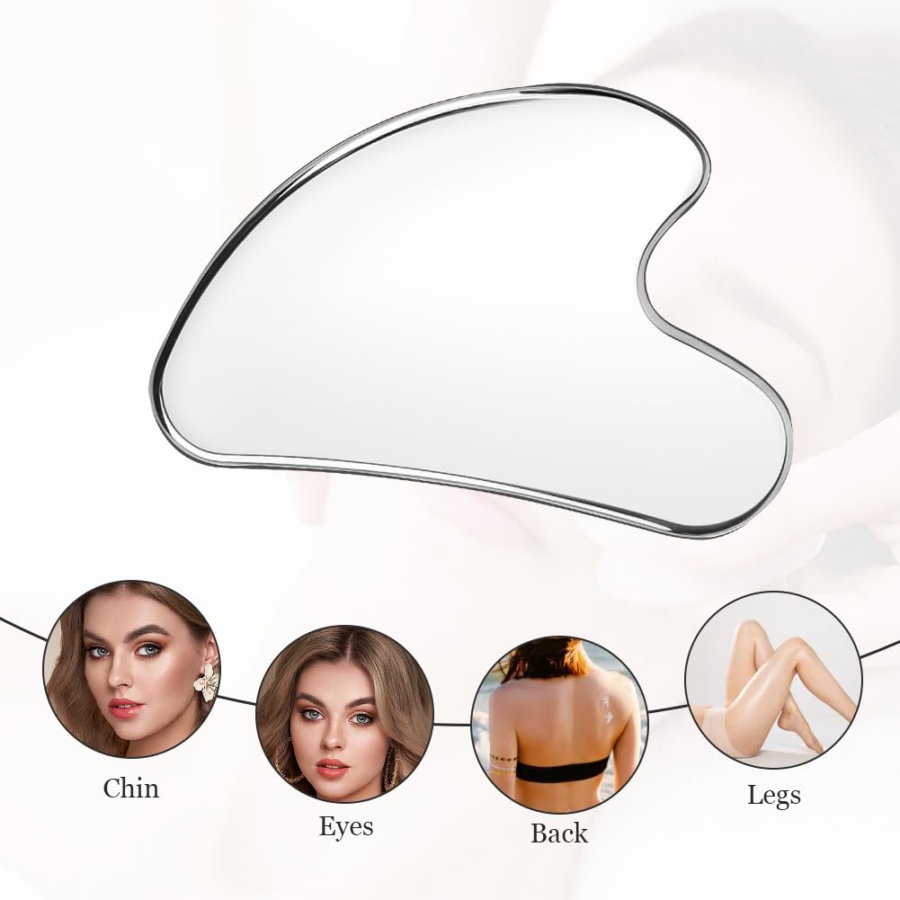 URAQT Stainless Steel Gua Sha Facial Tools Guasha Tools for Face Skin Care Body Gua Sha Tools Tighten Skin Massage Tools for Puffiness Reducing & Jawline Sculpting Face Stone Gua Sha Tools (Silver) - Medaid International