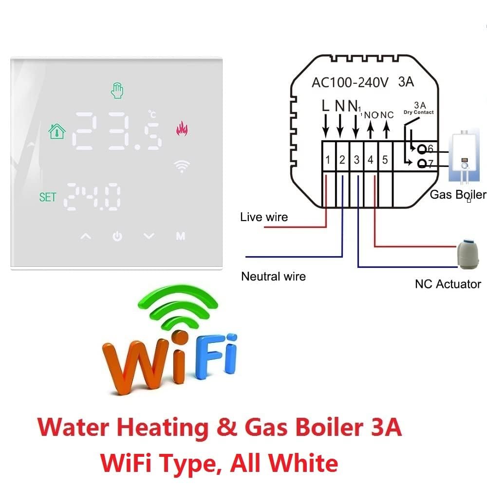 TERRIFI Smart Thermostat, Programmable Temperature Controller, Support WiFi connection and touch screen, for Electric Heating/Gas Boiler, Save Energy and Costs (White)