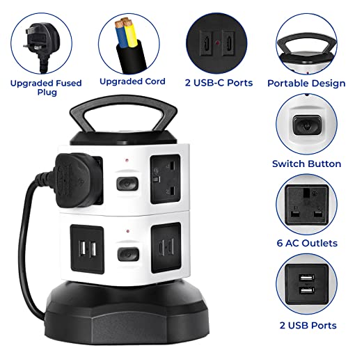 Smarti - Tower Extension Lead with 6 Outlets, 2 USB-C, Surge Protection