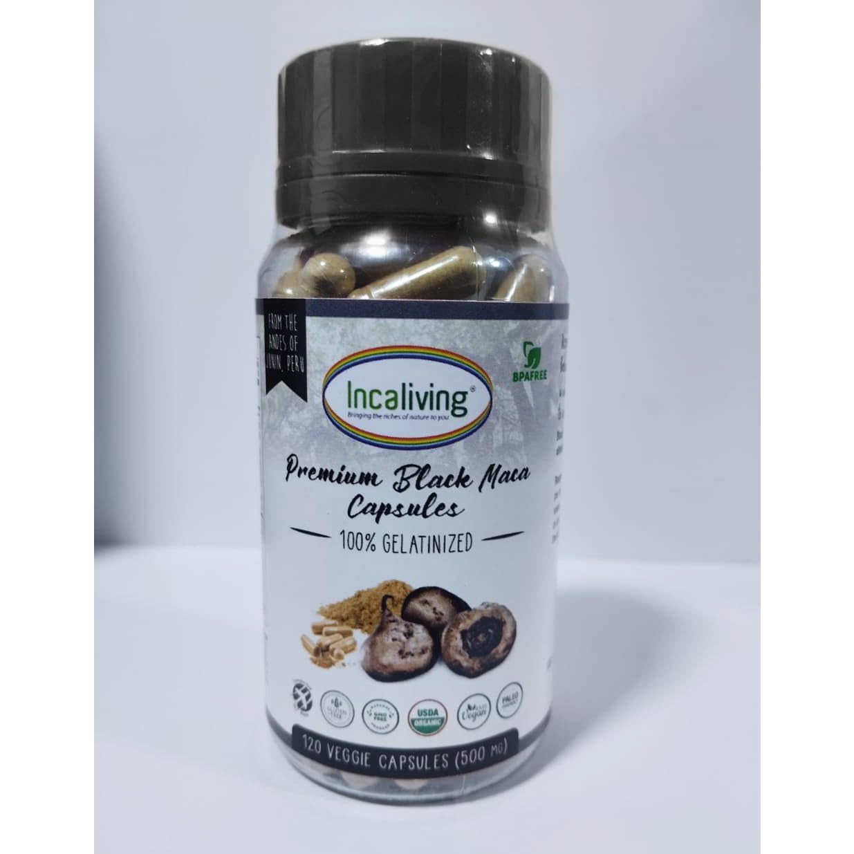 Incaliving- Premium Black maca Veggie caps 120ct.100% Organic Authentic maca from Peru: Gluten Free Non GMO, take After a Workout or Early in The Mornings. - Medaid International