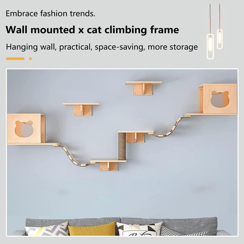 NeoStyle 9 Pcs Wall Shelf Set - Cat Furniture With 4 Shelves, 2 Houses, 2 Ladders and Scratching Post - Floating Wooden Climbing Perch - Medaid International