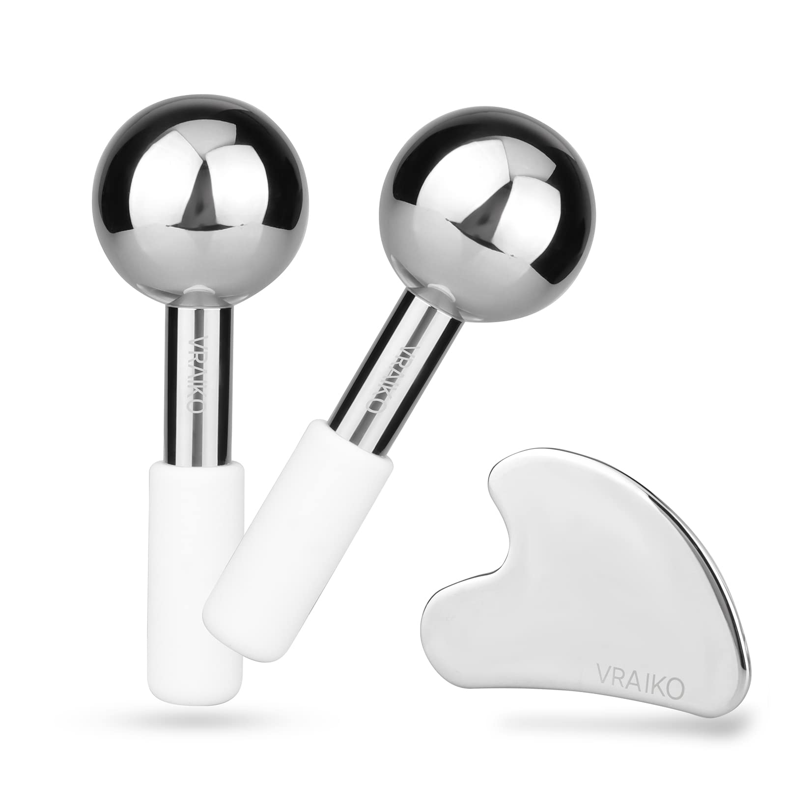 VRAIKO ICE Globes for Facials & Gua Sha Set, Gua Sha Facial Tools and Cryo Sticks with Unbreakable Steel, Face Massager Cooling Rollers for Dark Circles, Puffiness and Lymphatic Drainage (White) - Medaid International