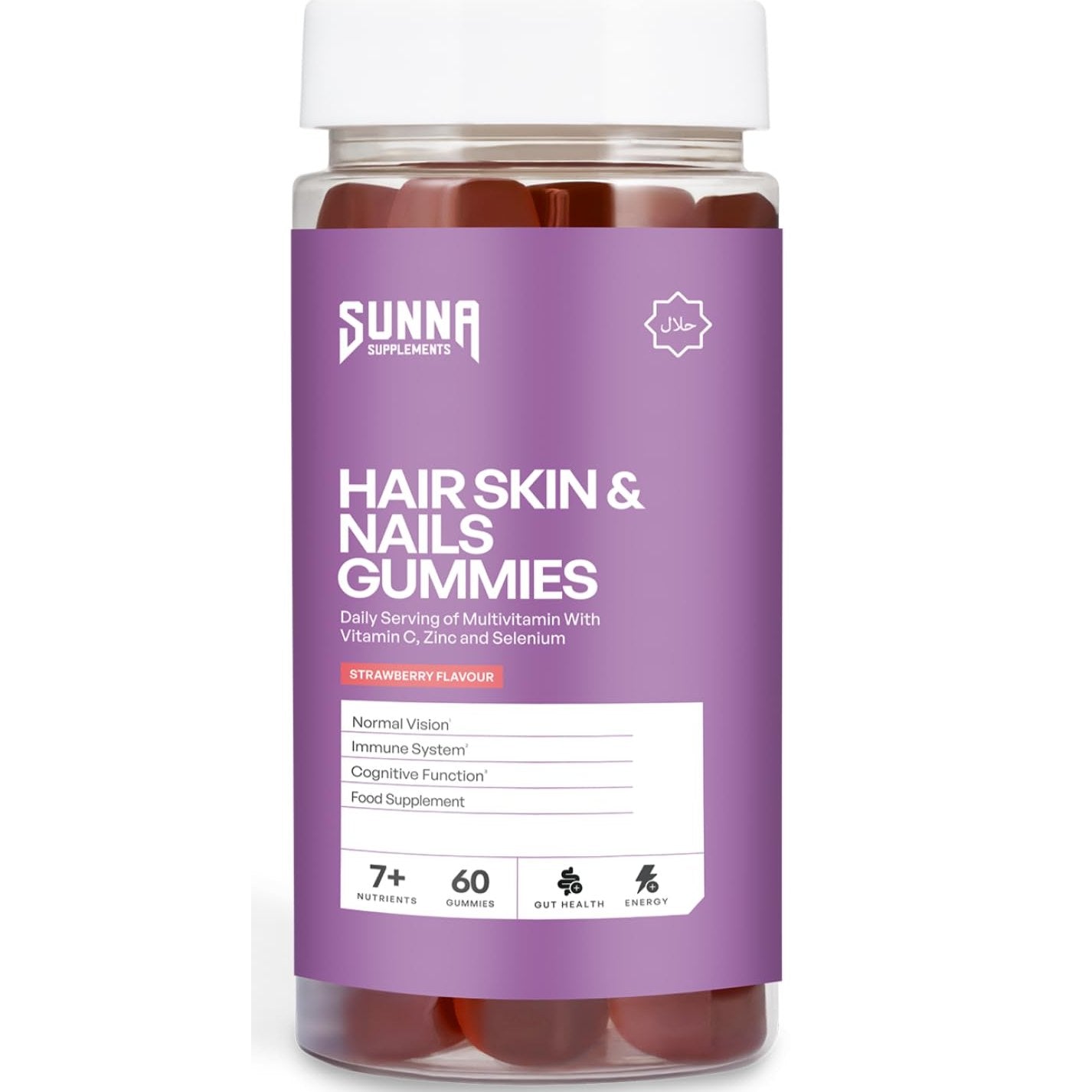 SUNNA SUPPLEMENTS Halal Hair, Skin & Nails Gummies – Biotin, Zinc & multivitamins Gummies for Hair Growth, Strong Nails & Radiant Skin – Gelatin-Free, Vegan Hair Vitamins for Women & Men – 60 Gummies - Medaid International