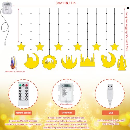 YeahBoom - 114 LED Ramadan Fairy Lights with Remote, 8 Flashing Modes, USB & Battery Powered