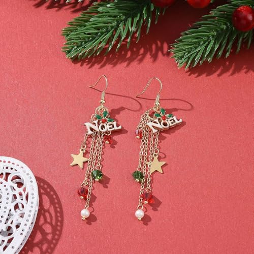 Christmas Earrings for Women Word Noel Enamel Charms & Glass Beads Tassel Dangle Earrings Xmas Funny Earring for Christmas Jewelry Gifts - Medaid International